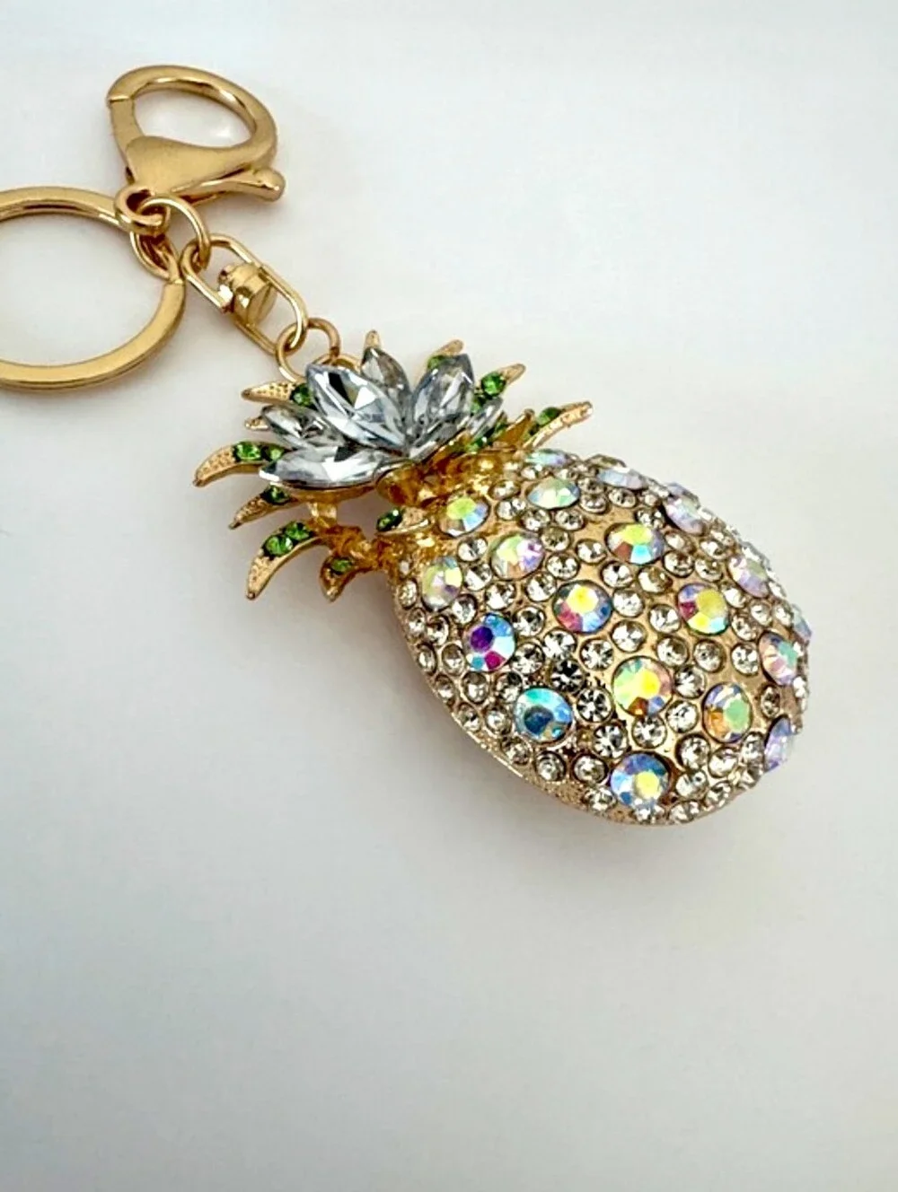 Gold Crystal Pineapple Rhinestone Bag Charm Keychain w/Lt Blue & Green Accents